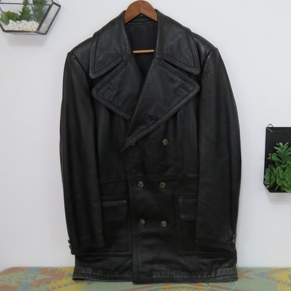 Vintage McGregor Black Leather Trench Coat XL - Picture 2 of 6